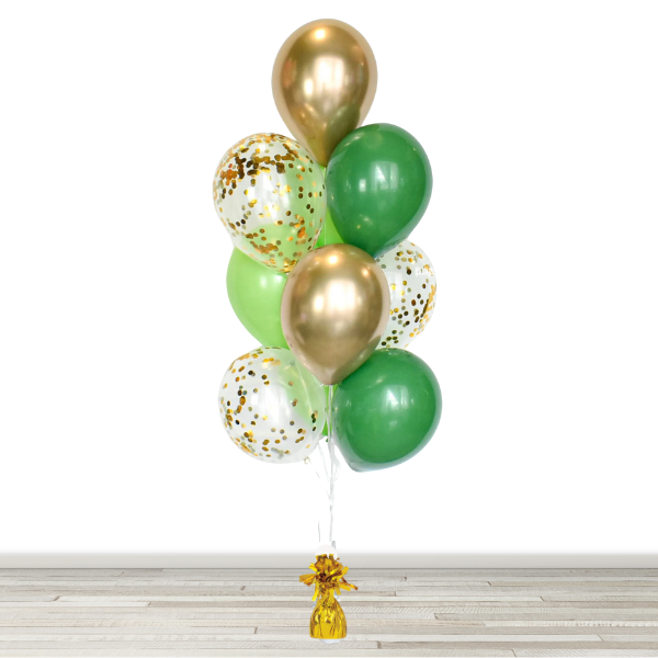 Chrome Gold and Green Confetti Balloon Bouquet - 10 Balloons