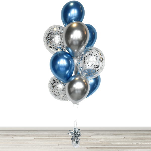 Chrome Blue and Chrome Silver Confetti Balloon Bouquet - 10 Balloons