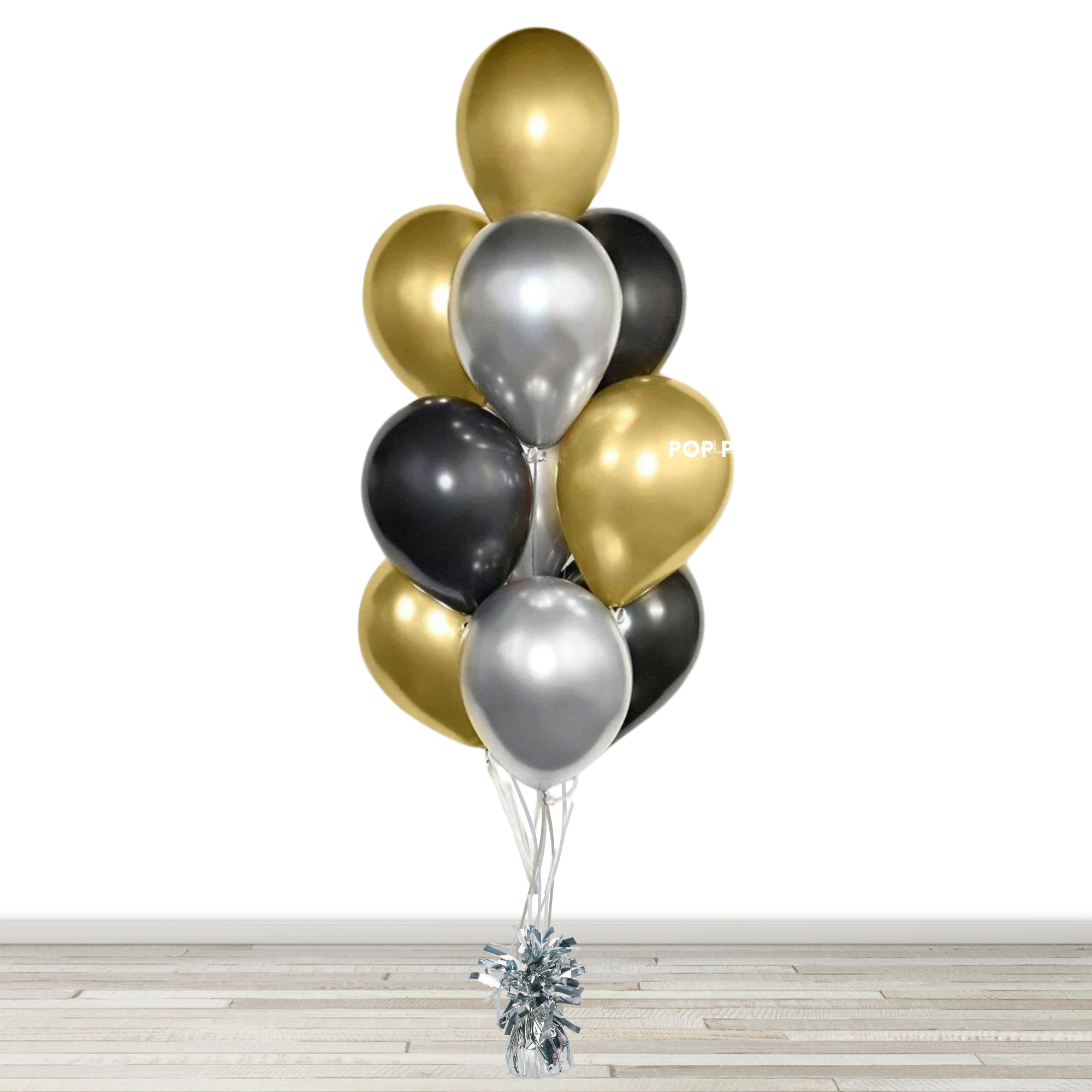 Black Gold and White Balloon Bouquet - 10 Balloons