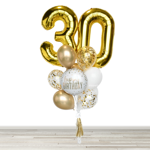 White and Chrome Gold 34" Number Birthday Confetti Balloon Bouquet