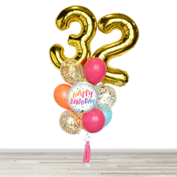 Fuchsia, Teal, Orange, Lime Green 34" Number Birthday Confetti Balloon Bouquet