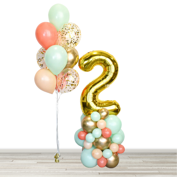 Chrome Gold, Mint, Coral, Blush Confetti Balloon Bouquet and Number Balloon Column