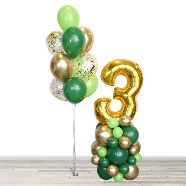 Chrome Gold and Green Confetti Balloon Bouquet and Number Balloon Column
