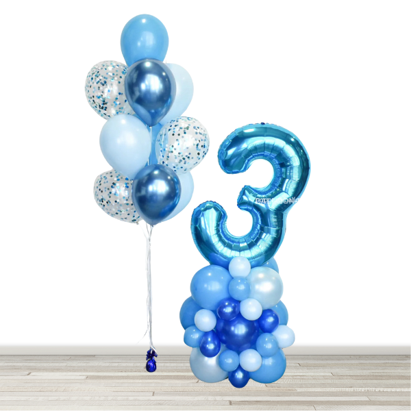 Sky Blues Confetti Balloon Bouquet and Number Balloon Column