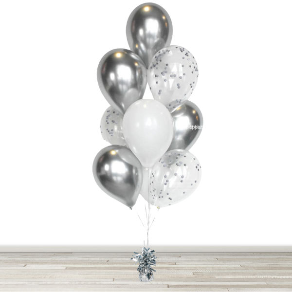 White and Chrome Silver Confetti Balloon Bouquet - 10 Balloons