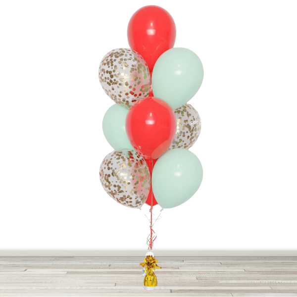 Red and Mint Confetti Balloon Bouquet - 10 Balloons