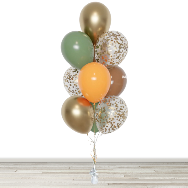 Brown , Eucalyptus, Orange and Chrome Gold Confetti Balloon Bouquet - 10 Balloons