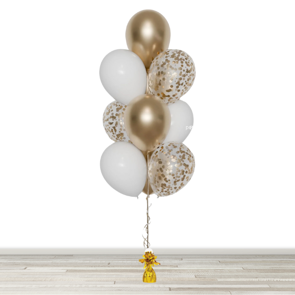 White and Gold Confetti Balloon Bouquet - 10 Balloons