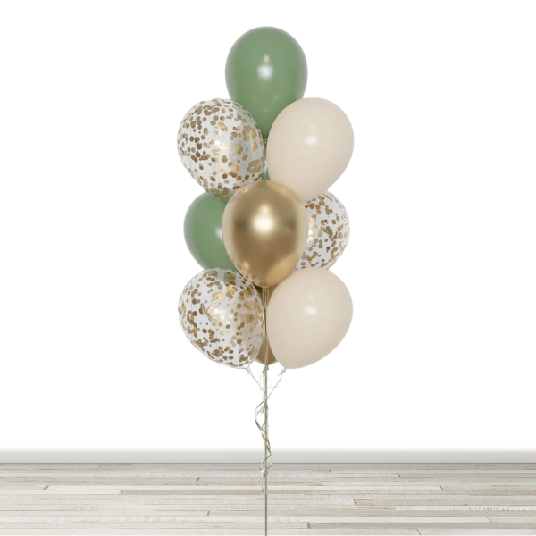 Chrome Gold, Eucalyptus and Cream Confetti Balloon Bouquet - 10 Balloons