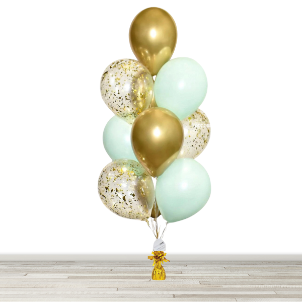 Mint and Chrome Gold Confetti Balloon Bouquet - 10 Balloons