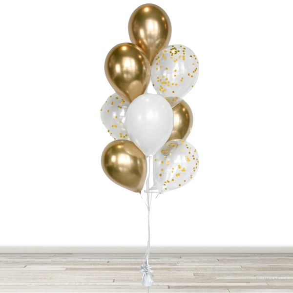 Chrome Gold and White Confetti Balloon Bouquet - 10 Balloons