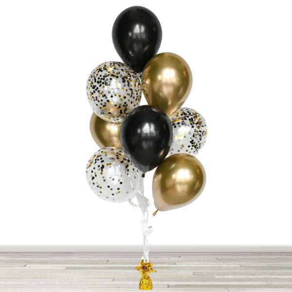 Black, White and Chome Gold Confetti Balloon Bouquet - 10 Balloons