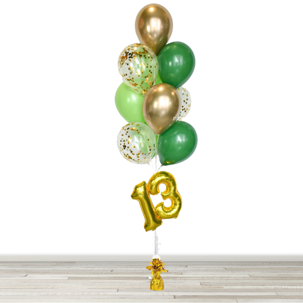 Chrome Gold and Green Confetti Balloon Bouquet with 16" Number- 10 Balloons