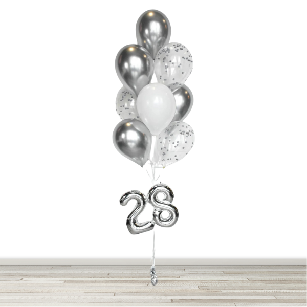 White and Chrome Silver Balloon Bouquet with 16" Number- 10 Balloons