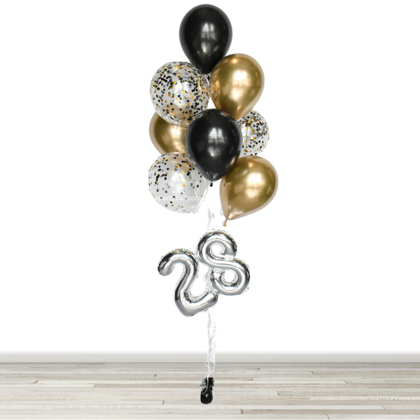 Black and Chrome Gold Confetti Balloon Bouquet with 16" Number- 10 Balloons