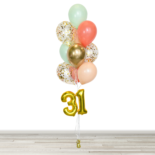 Chrome Gold, Mint, Coral, Blush Confetti Balloon Bouquet with 16" Number- 10 Balloons