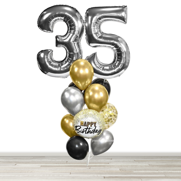 Black and Chrome Gold 34" Number Birthday Confetti Balloon Bouquet