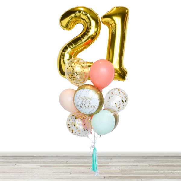 Chrome Gold, Mint, Coral, Blush 34" Number Birthday Confetti Balloon Bouquet