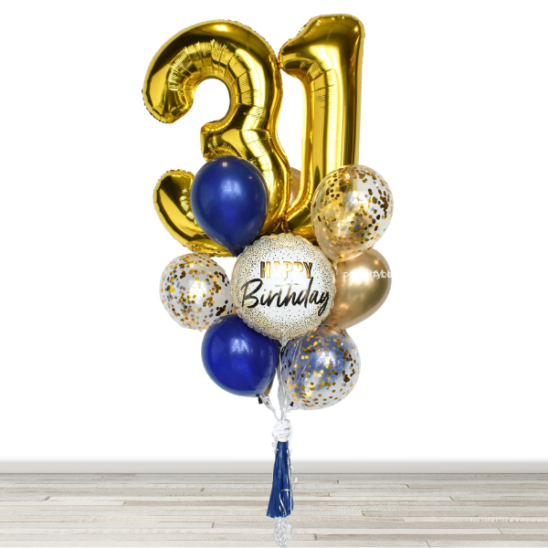 Navy and Chrome Gold  34" Number Birthday Confetti Balloon Bouquet