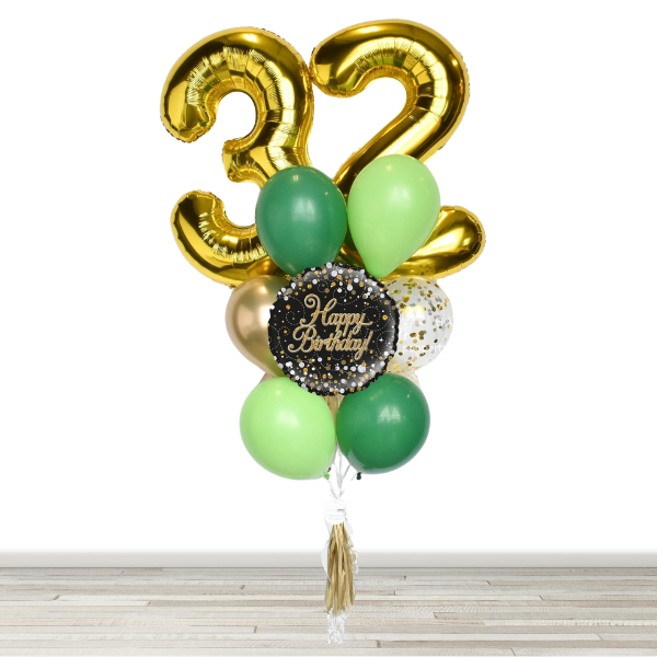 Chrome Gold and Green 34" Number Birthday Confetti Balloon Bouquet