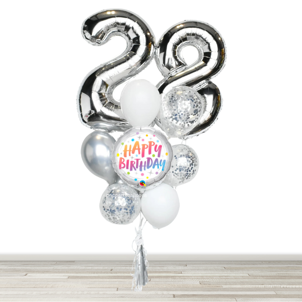 White and Chrome Silver 34" Number Birthday Confetti Balloon Bouquet