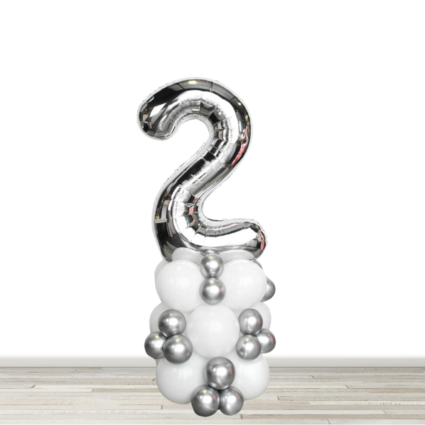 White and Chrome Silver Number Balloon Column - 34" Number