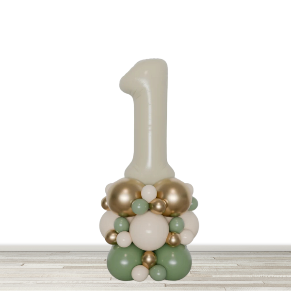 Cream, Eucalyptus and Chrome Gold Number Balloon Column - 34" Number